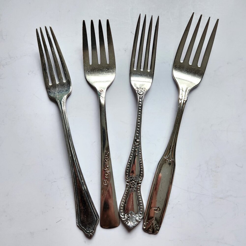 Set of 4 Mixed Vintage Forks • Ornate Handles • Rustic Kitchen Décor